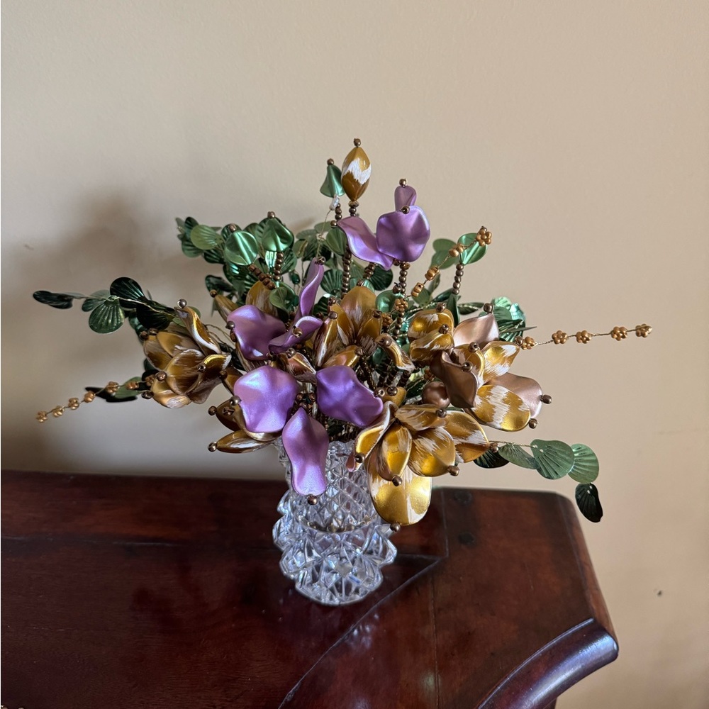 Vintage artificial beaded flower stems with Glass vase for home or office decor